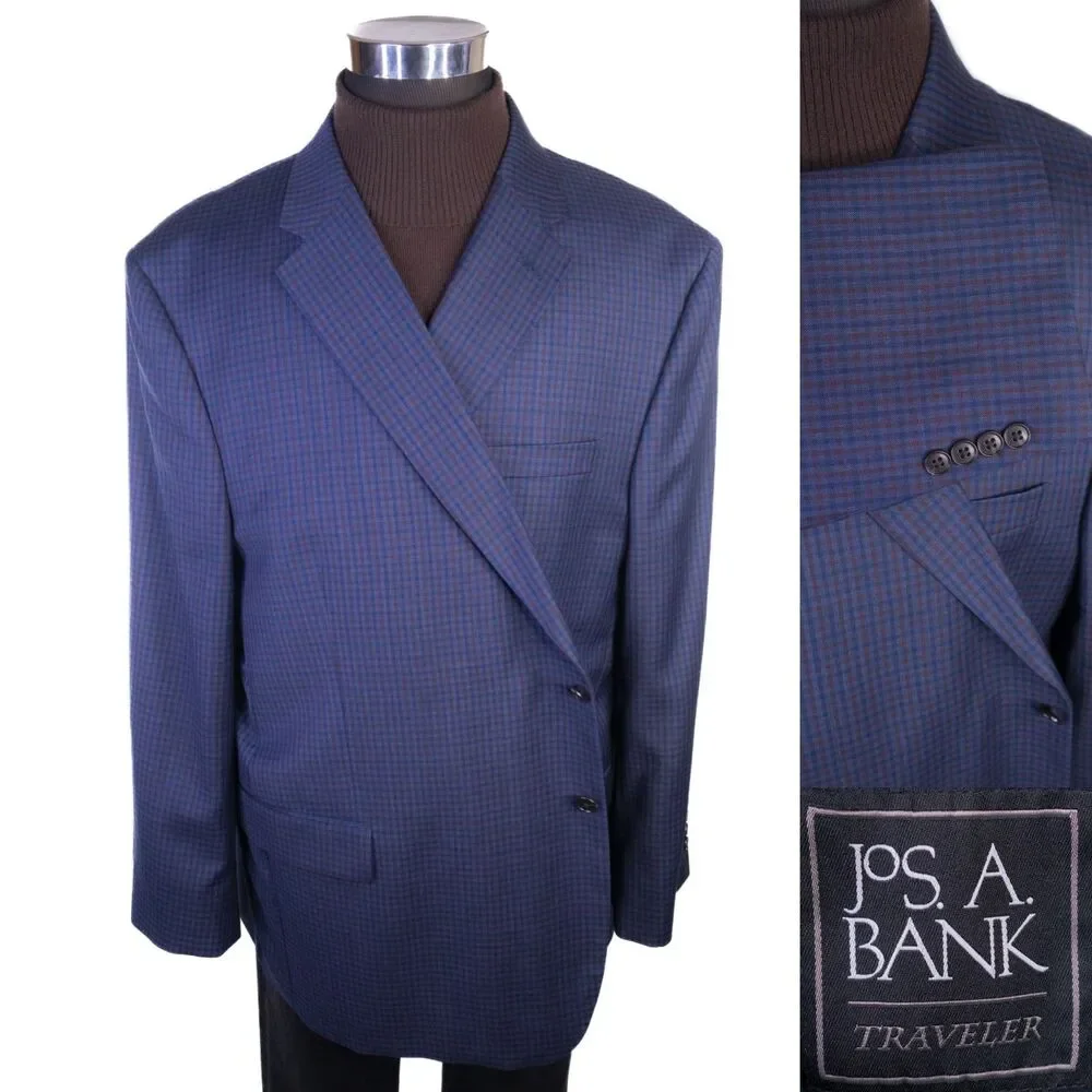 Jos A Bank TRAVELER Blazer Sport Coat Sz 54R Blue Check Wool 2-Button Jacket EUC